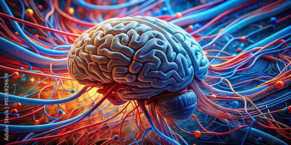 Poster futuristic brain with wires and circuits in blue and red background - high dynamic range