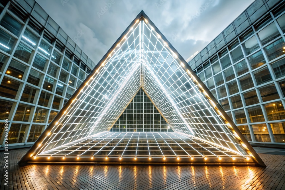 Poster futuristic cyber geometry: 3d render of neon wireframe triangle in abstract black background