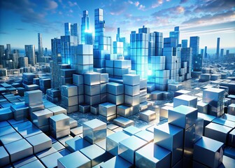 Futuristic Cube Cityscape: Abstract 3D Rendering of White and Blue Cubes in a Modern Landscape