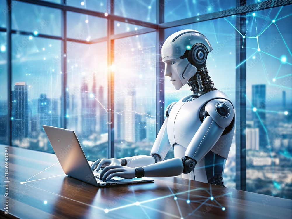 Poster futuristic double exposure of robot working with laptop in high-tech environment