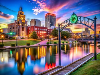 Obraz premium Futuristic Digital Welcome Sign at Riverfront Park in Montgomery, Alabama - Surreal Urban Landscape Photography