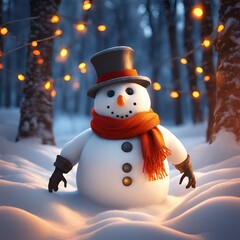 Obraz premium Snowman in glowing forest wearing red scarf surrounded by orange and golden Christmas lights 