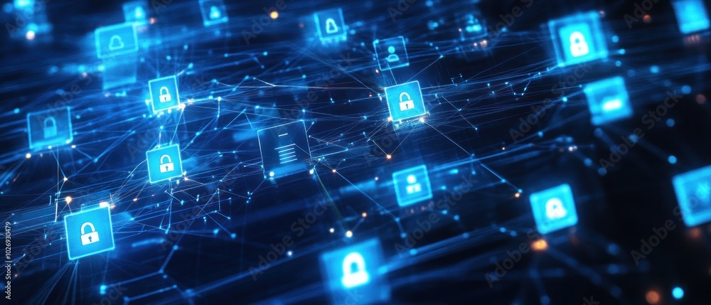 Poster digital network security illustration with glowing blue nodes and padlocks representing secure conne