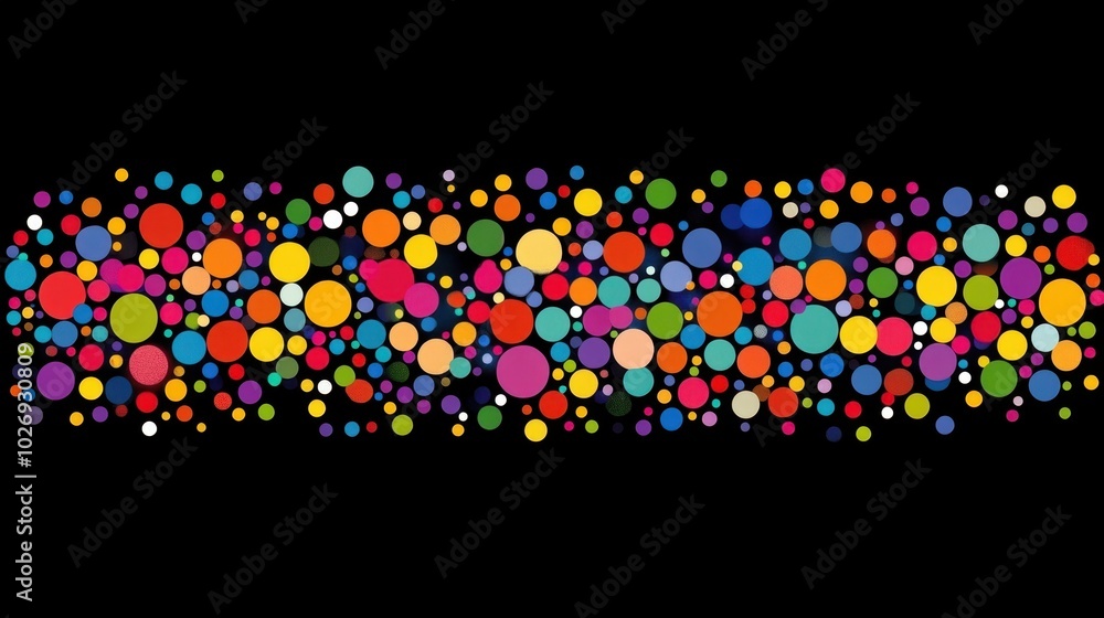 Poster a vibrant pattern of colorful dots and circles on a black background, resembling a bokeh effect with