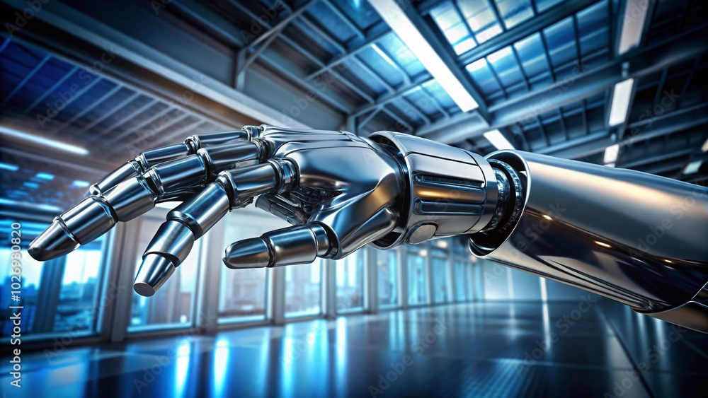 Poster futuristic robot hand pointing right - high dynamic range image for technology and innovation themes