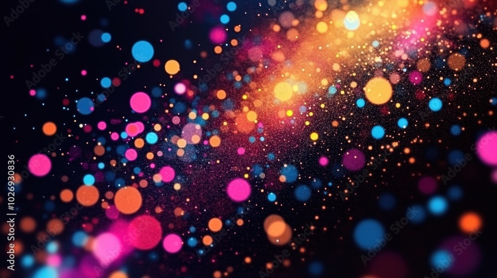 Poster a vibrant pattern of colorful dots and circles on a black background, resembling a bokeh effect with