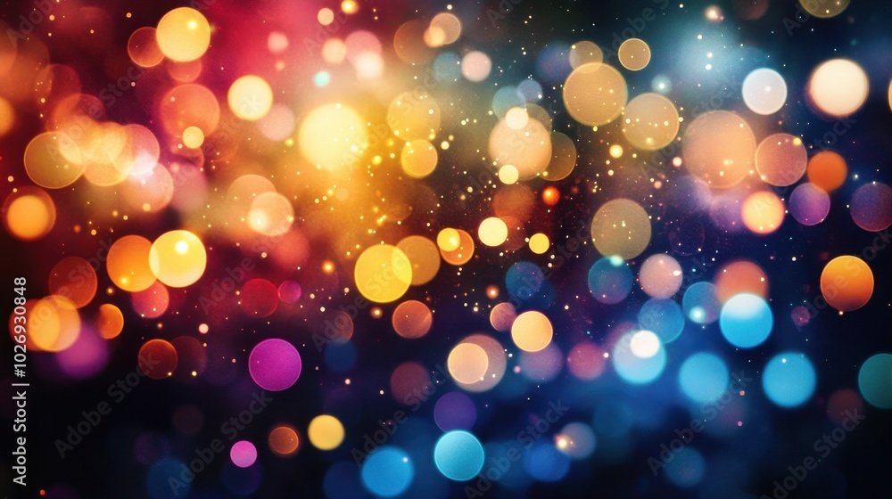 Poster a vibrant pattern of colorful dots and circles on a black background, resembling a bokeh effect with
