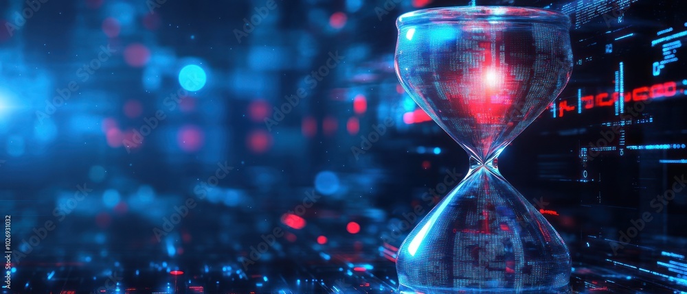 Poster futuristic hourglass with digital data integration symbolizes the convergence of technology and time