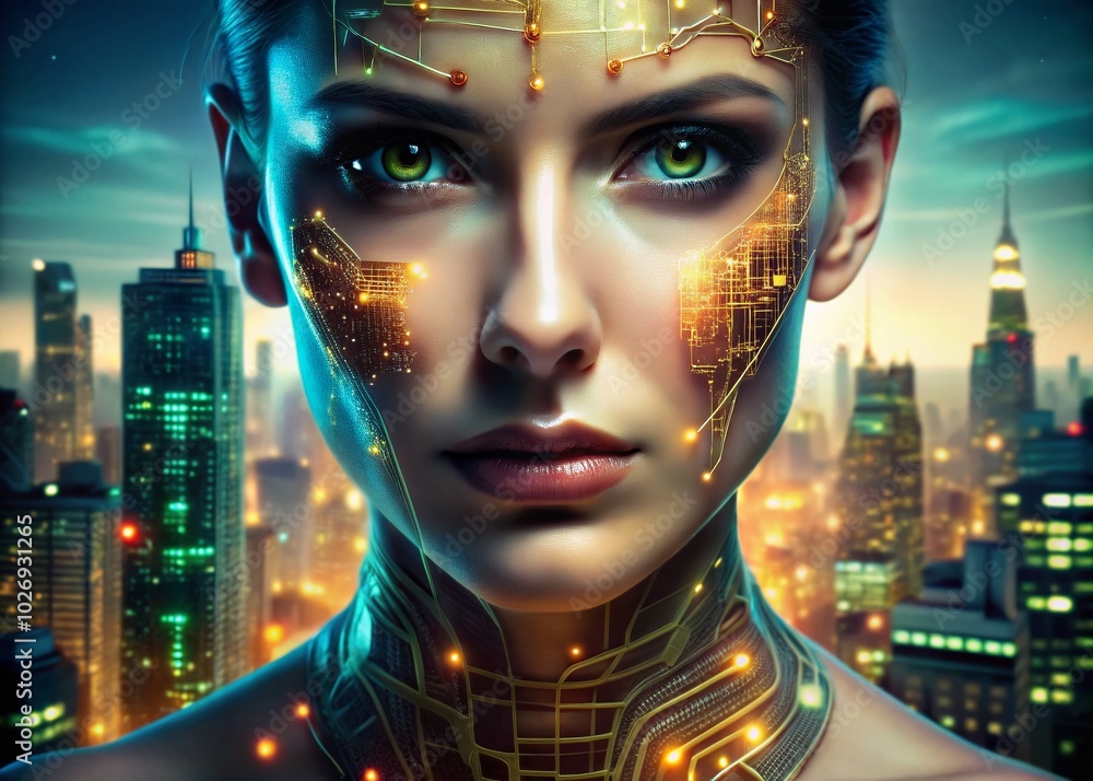 Poster futuristic woman with embedded circuits and wires - high dynamic range imagery
