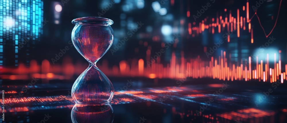 Poster futuristic digital hourglass with data integration symbolizes the convergence of technology