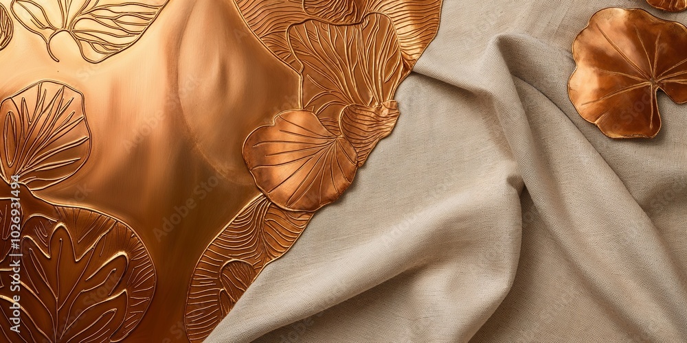 Sticker Embossed copper leaf pattern on fabric background.