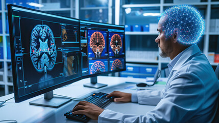 Fototapeta premium Scientist examining brain scan images on a monitor, focusing on neural pathways, representing dementia research, with a blurred laboratory background. 