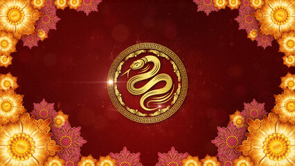 2025 Chinese New Year design featuring a golden snake symbol surrounded by ornate yellow and pink flowers. Elegant red and gold theme celebrates the Year of the Snake. Background 3d Rendering