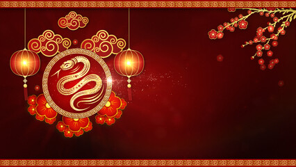 Festive 2025 Year of the Snake Design With Red Lanterns, Floral Accents, And Traditional Chinese Patterns on Deep Red Background. Celebration of Chinese New Year the Year of the Snake 3d Rendering