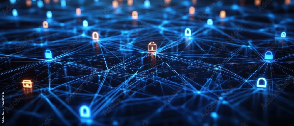 Poster digital network security illustration with glowing blue nodes and padlocks representing secure conne