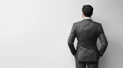 Young businessman facing away in white space