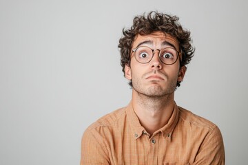 Fototapeta premium A young man with curly hair and glasses is looking up with a confused expression.