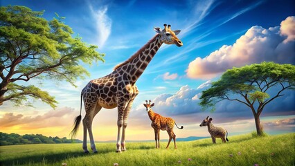 Obraz premium Giraffe and Cartoon Mice: A Tall and Small Adventure in Conceptual Photography