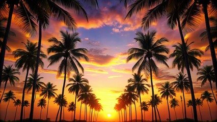 Obraz premium Silhouetted palm trees forming a natural frame on a sunset background , tropical, border, nature, elegant, silhouette, frame