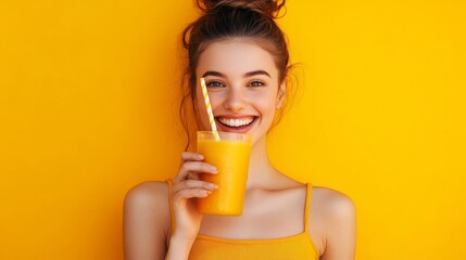 Smoothie-sipping woman glows in yellow.
