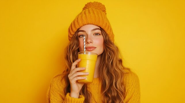 Joyful woman sips a smoothie in yellow.