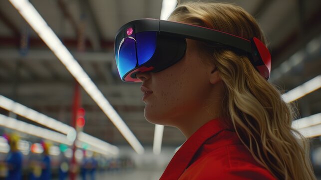 Young Woman Wearing Augmented Reality Glasses in Industrial Setting