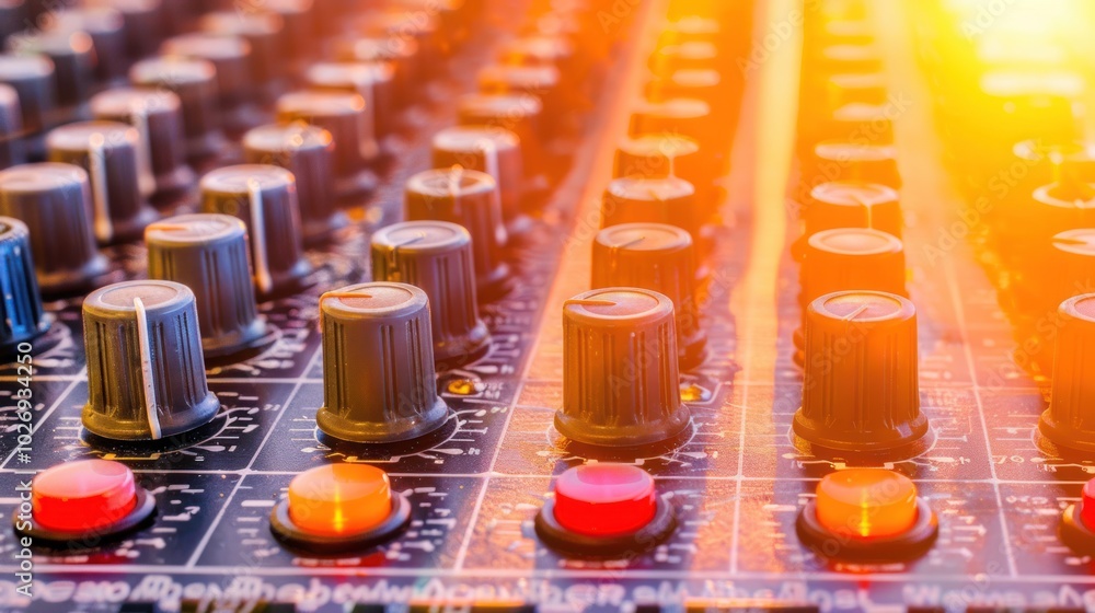 Poster Close-up of Audio Mixing Board with Knobs and Buttons