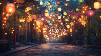 A walkway with many lights hanging from the ceiling. The lights are of different colors and sizes