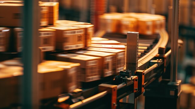 Cardboard Boxes Moving on a Conveyor Belt in a Warehouse