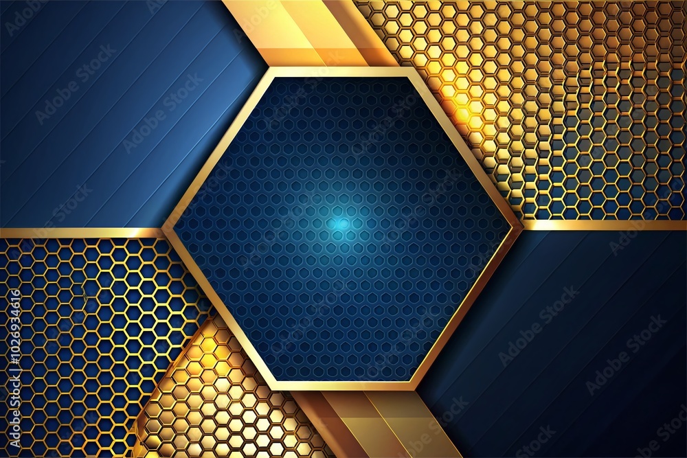 Poster golden hexagonal grid on dark blue halftone background - geometric pattern design for modern digital