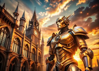 Golden Mech Robot in Front of Medieval Architecture - Futuristic Meets Historical
