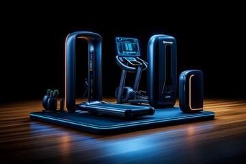 3D model of a futuristic gym setup, with sleek, advanced exercise machines and holographic displays showing workout stats, giving a glimpse into the future of fitness technology