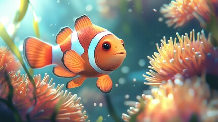 Obraz premium A small orange fish is looking at the camera. It is in a coral reef