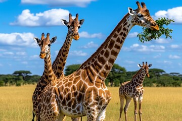 Obraz premium A family of giraffes browsing treetops, their long necks gracefully reaching for leaves as they move gently through the golden grasslands of the African wilderness