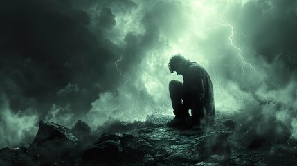 Obraz premium Man Silhouetted Against a Stormy Sky - Desperation and Hope