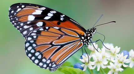 Fototapeta premium Close-up of a Monarch Butterfly with Black and White Wings Drinking Nectar from White Flowers