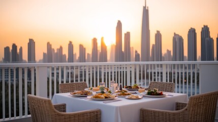 sunset dinner on a modern balcony, set table with an array of delicious food and elegant