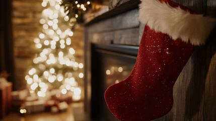 Red Christmas Stocking Hanging on Fireplace Mantel with Blurred Christmas Tree in Background