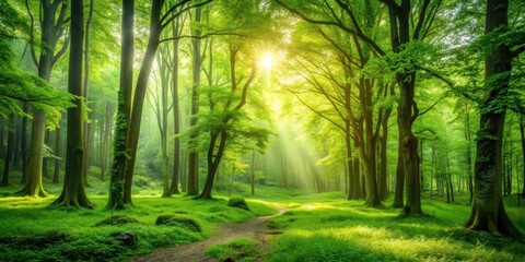 Obraz premium A beautiful and serene background of a lush green forest , nature, environment, trees, landscape, peaceful, tranquil