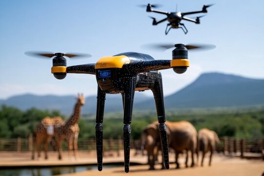 AI-monitored wildlife reserve, where robotic caretakers ensure the health of animals like elephants and giraffes, with drones flying overhead and futuristic monitoring systems in place