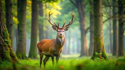 Fototapeta premium Majestic deer standing in a lush green forest , wildlife, nature, woods, animal, buck, forest, mammal, trees