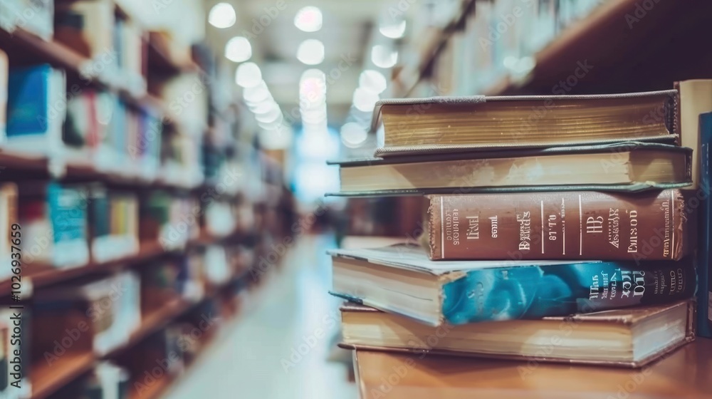 Poster stack of books in a blurred bookstore setting