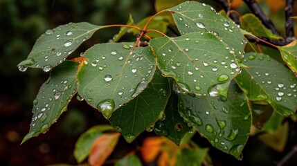 Green Leaves with Raindrops Close-Up