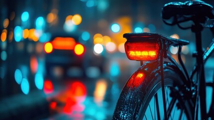 A bicycle with a red tail light is parked on a wet street. The street is busy with cars and the light is on