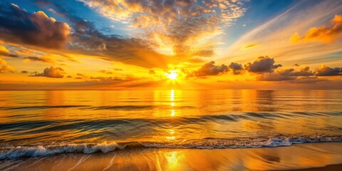Vibrant sunrise casting a golden glow over the calm sea , sunrise, sea, ocean, horizon, water, reflection, nature, beautiful