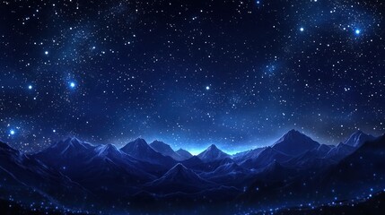 Fototapeta premium A mountain range with a blue sky and stars. The stars are scattered throughout the sky. The mountains are in the background and the sky is blue