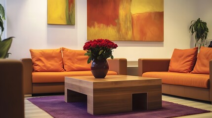 Cozy living space with bright orange, brown sofas, a wooden coffee table, purple rug, and colorful abstract wall art