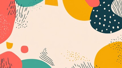 Abstract design featuring colorful shapes and patterns on a light background.