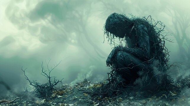 A Figure Enveloped in Fog and Branches: A Surreal and Eerie Artwork
