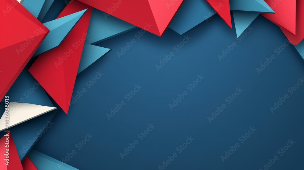 Aufkleber a vibrant geometric background with red and blue triangular shapes framing a blank space.